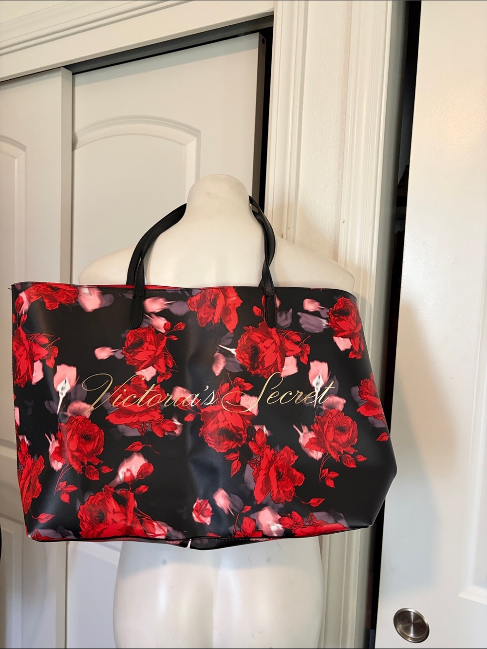 Victoria's Secret Black Tote with Red Rose Print and Gold Script